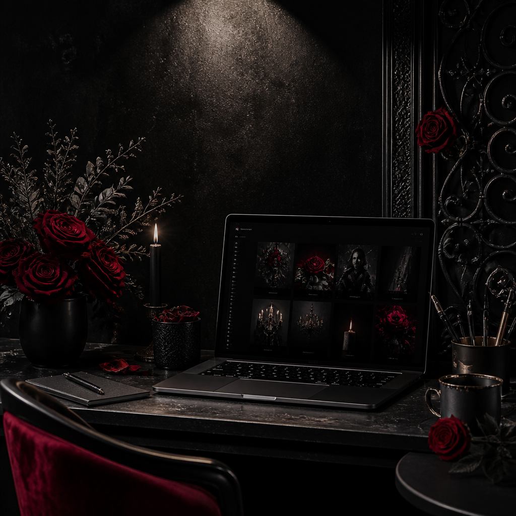 Dark Desire studio atmosphere — dark workspace with crimson accents